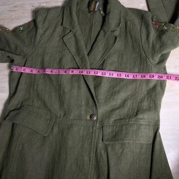 Aratta Silent Journey Olive Green Embroidered Ramie Duster Coat XL ED22J642 - Picture 10 of 13